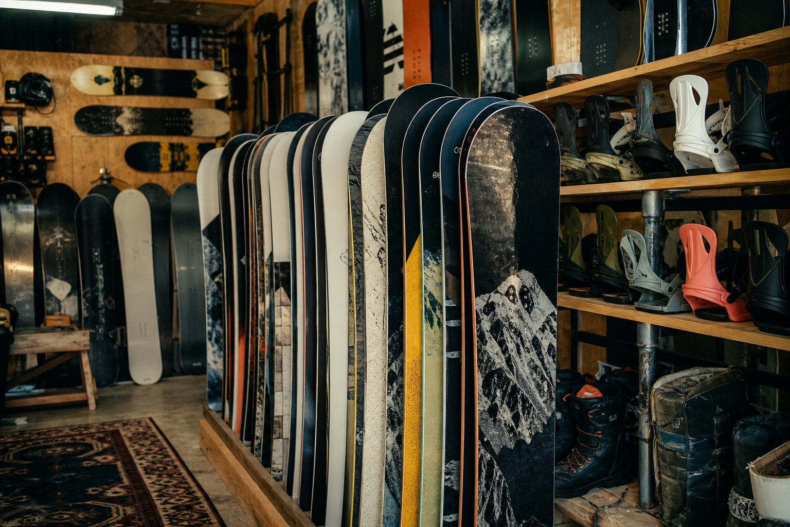 A board shop rack filled with snowboards, bindings, and boots